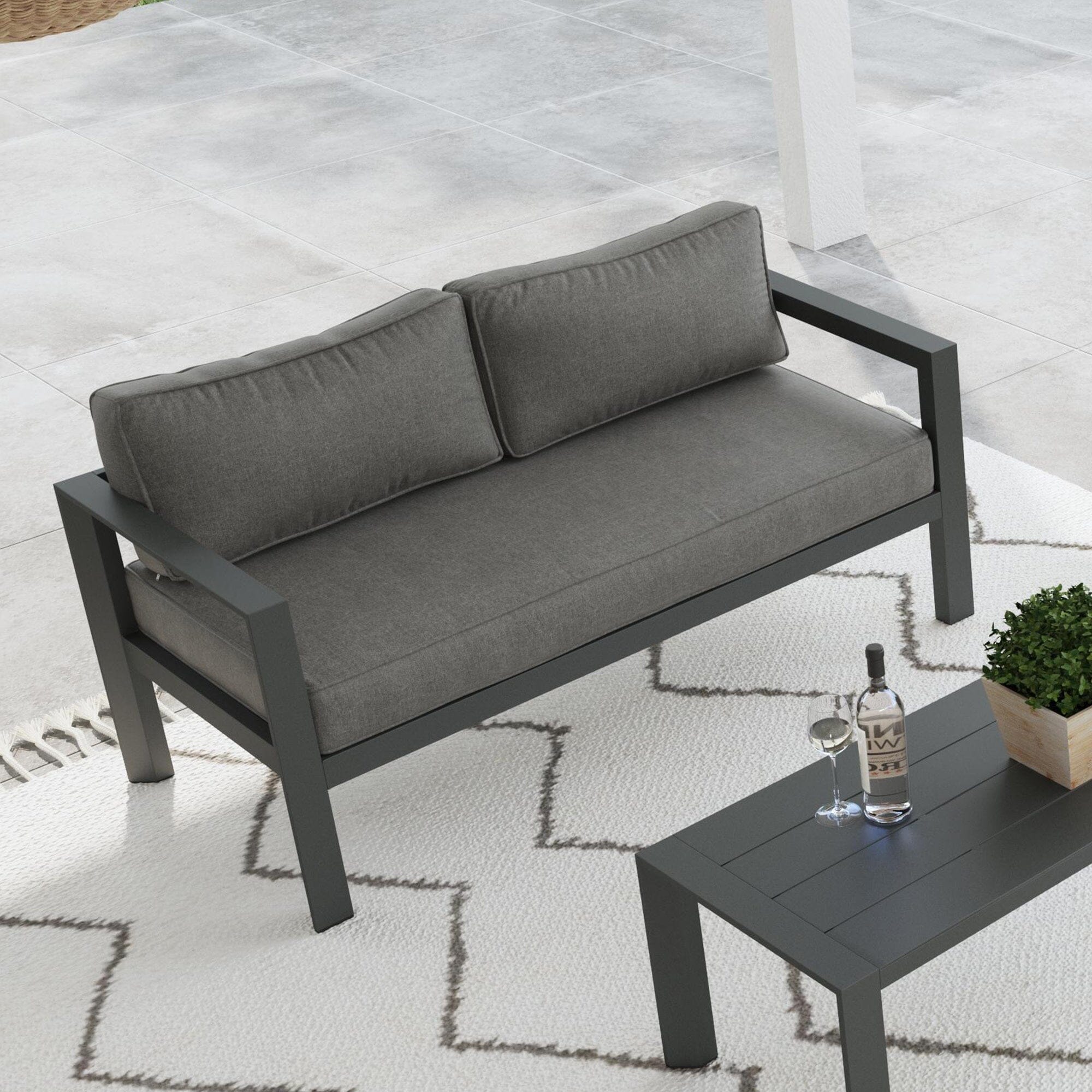 Modern & Contemporary Outdoor Aluminum Loveseat with Lounge Chairs and Coffee Table By Grayton Outdoor Seating Grayton