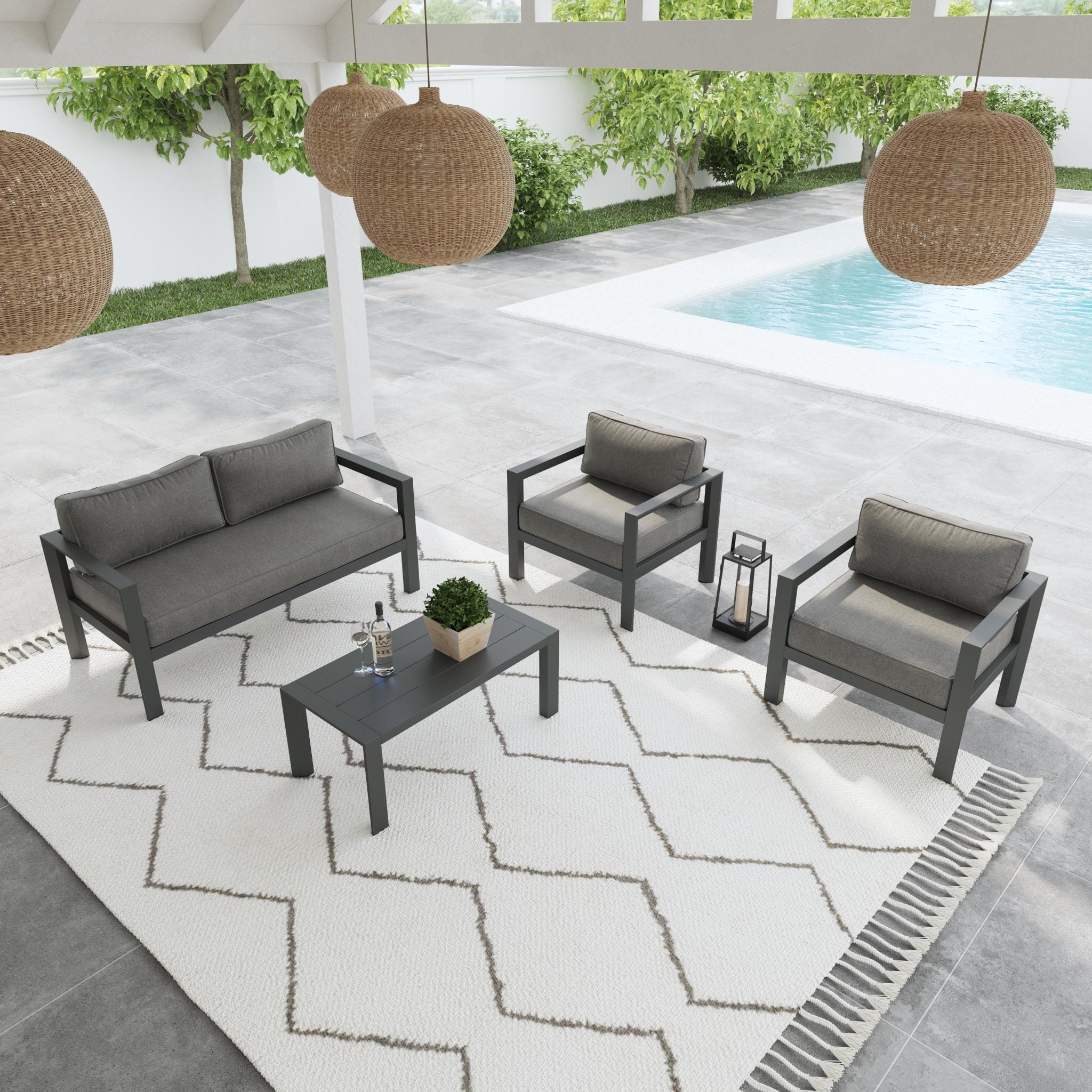 Modern & Contemporary Outdoor Aluminum Loveseat with Lounge Chairs and Coffee Table By Grayton Outdoor Seating Grayton