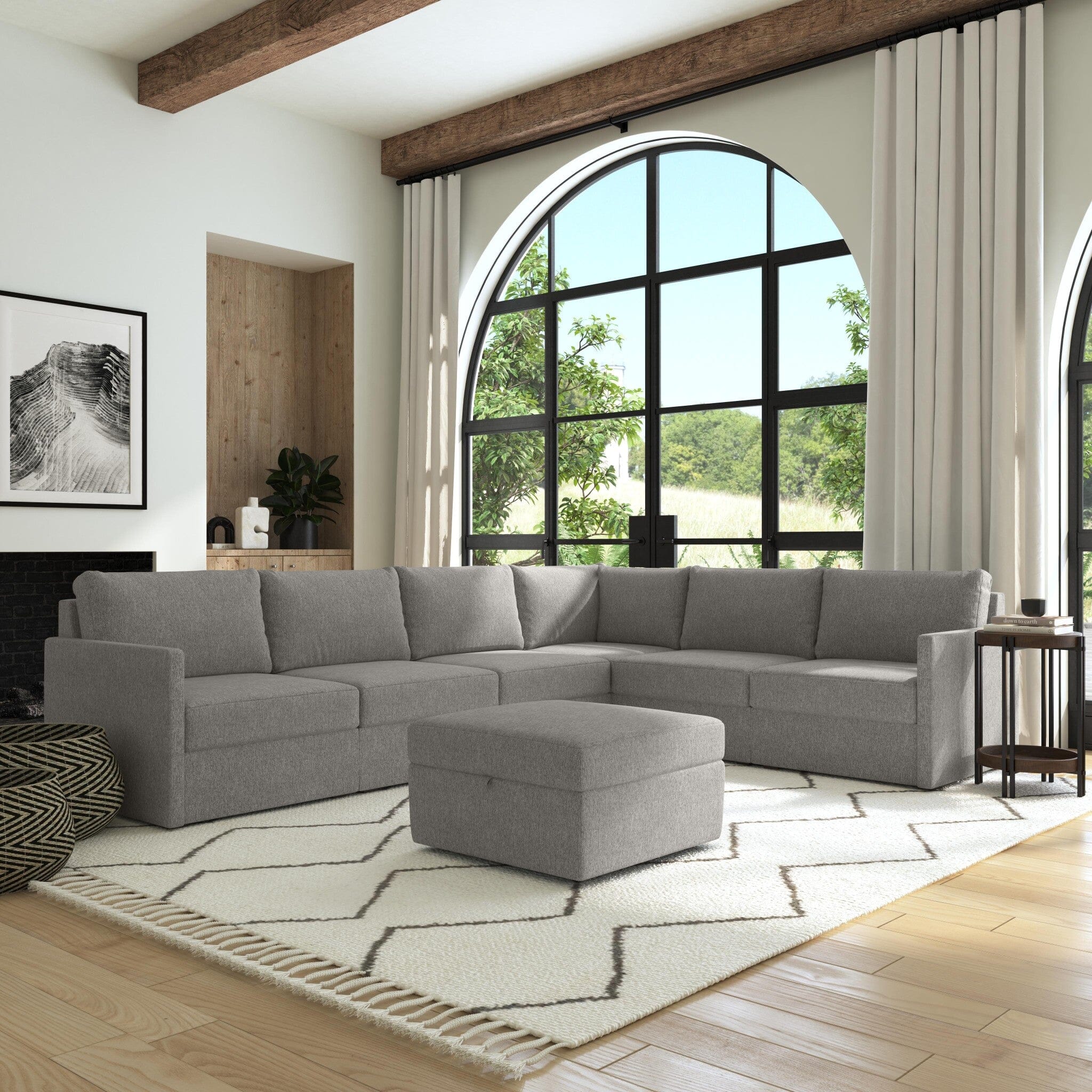 Traditional 6-Seat Sectional with Narrow Arm and Storage Ottoman By Flex Sectional Flex