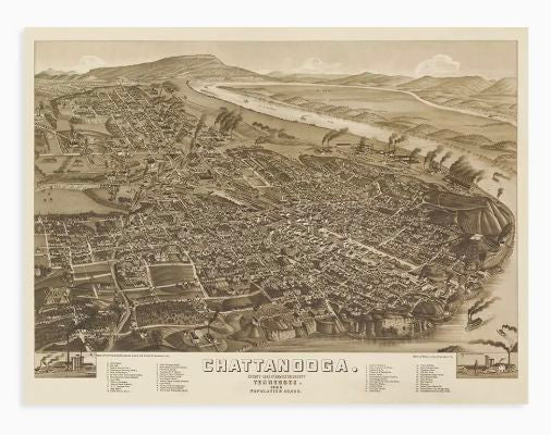 19-ENMAP0326-1824.26 FRAMED MAP OF CHATTANOOGA CA. 1886 MED WALL ART HUCK & PECK ELITE