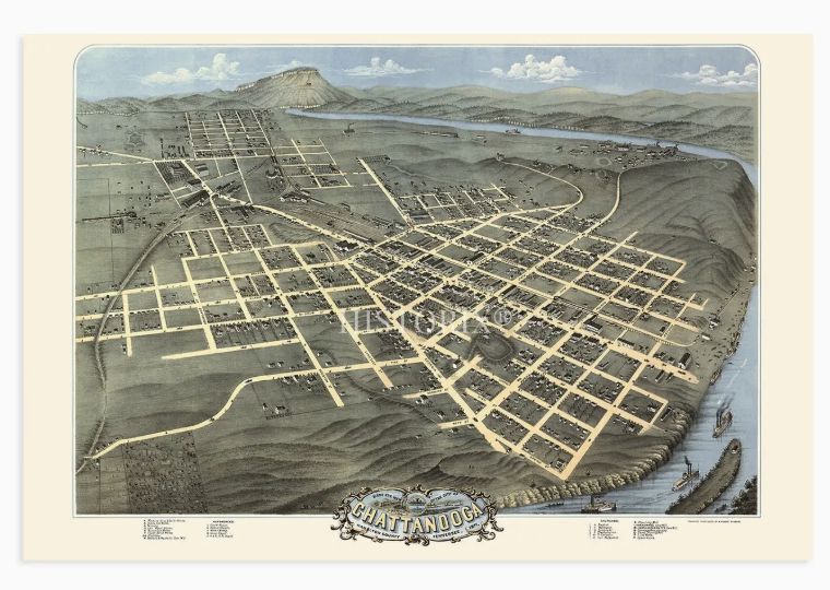 213-ENMAP0527-2435.26 FRAMED MAP OF CHATTANOOGA CA. 1886 LG WALL ART HISTORIC PRINTS/FAIRE