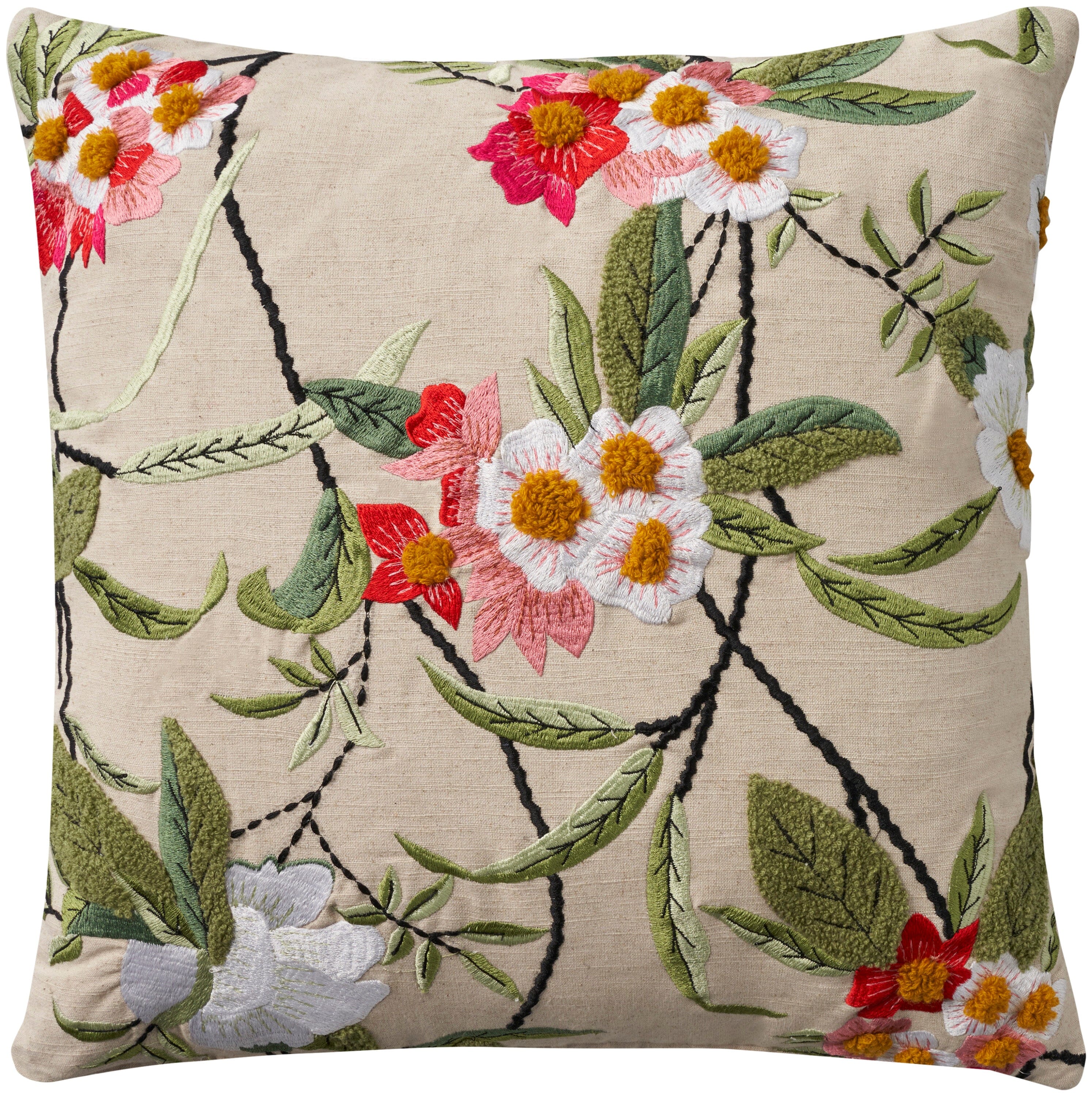 Mina Victory Cover Embroid Floral Linen 18" x 18" Multicolor Indoor Pillow Covers Mina Victory