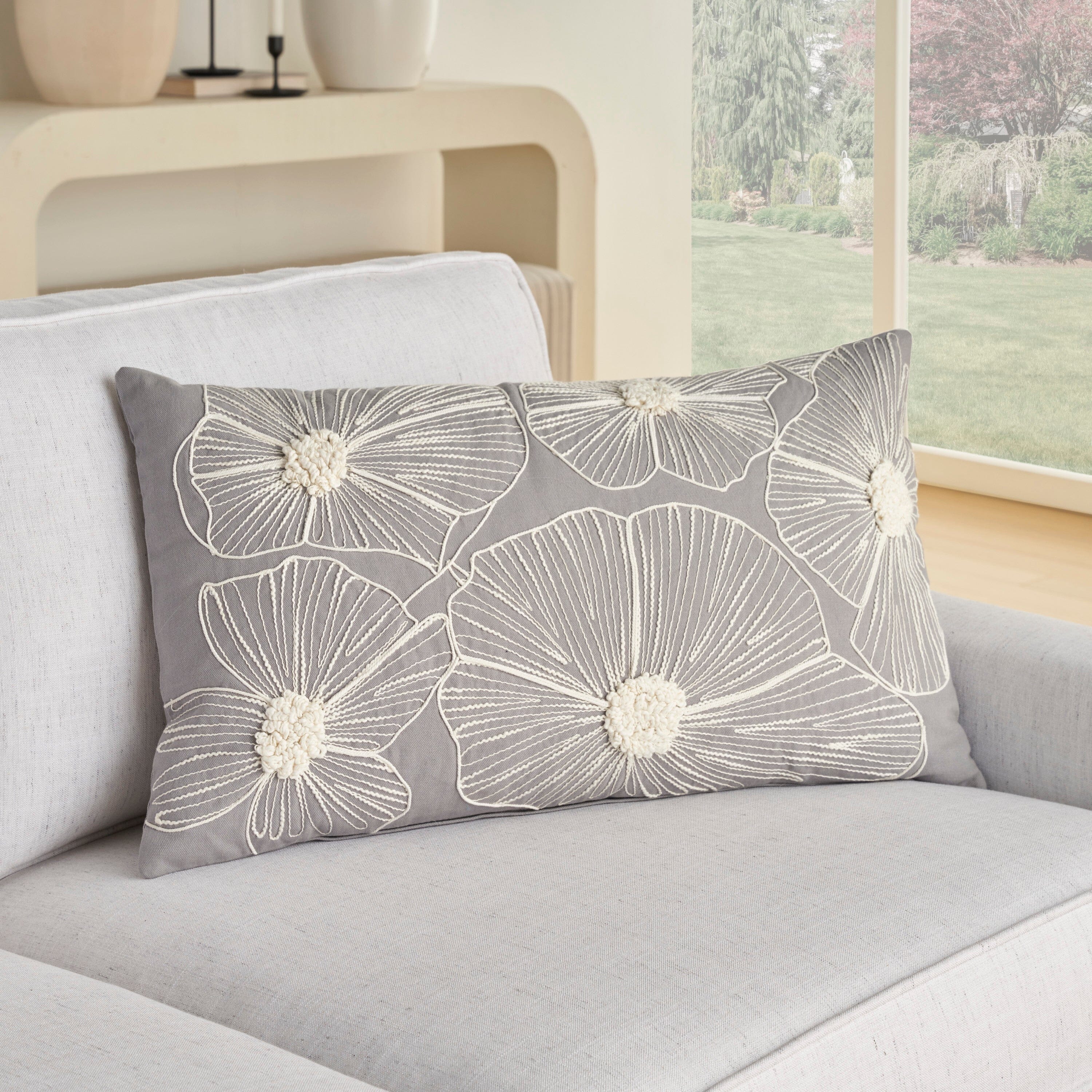 Mina Victory Cover Embroidered Flowers 14" x 24" Grey Indoor Pillow Covers Mina Victory