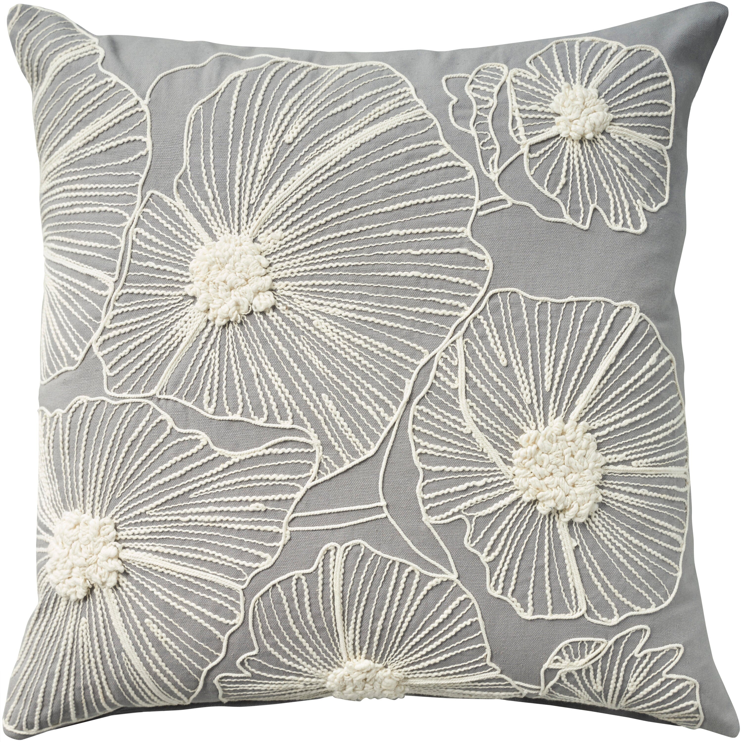 Mina Victory Cover Embroidered Flowers 20" x 20" Grey Indoor Pillow Covers Mina Victory
