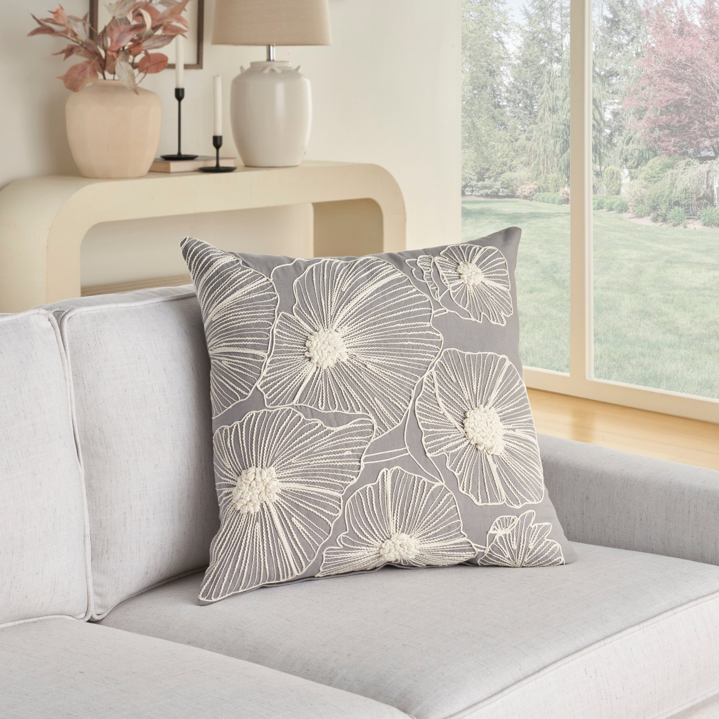 Mina Victory Cover Embroidered Flowers 20" x 20" Grey Indoor Pillow Covers Mina Victory