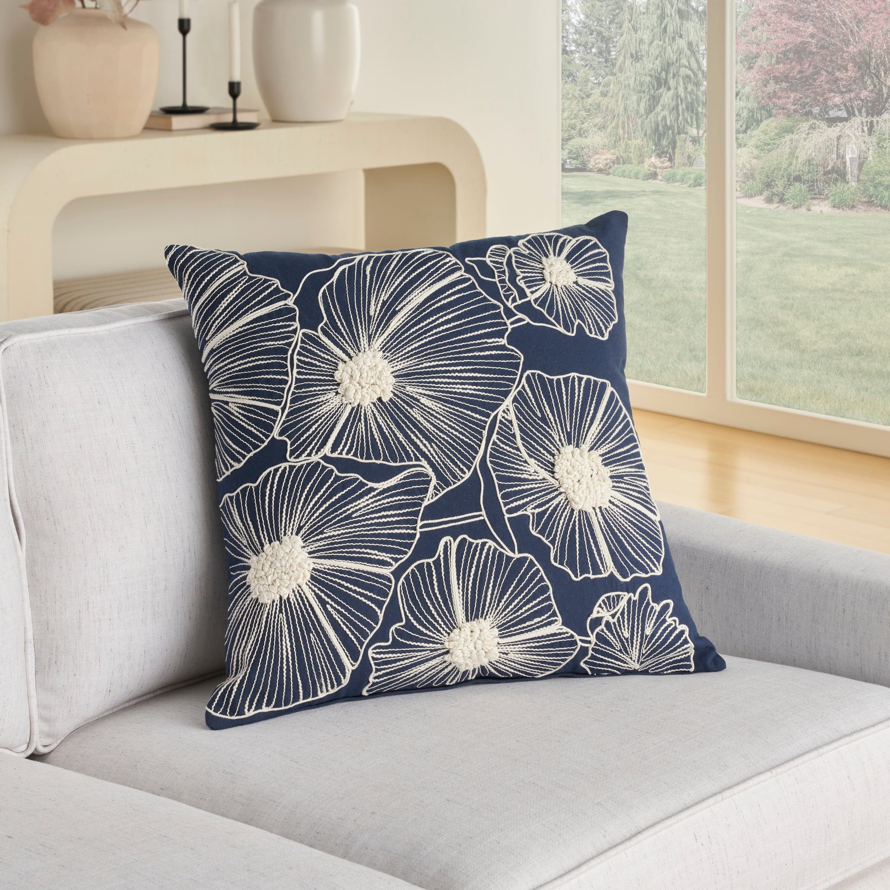 Mina Victory Cover Embroidered Flowers 20" x 20" Navy Indoor Pillow Covers Mina Victory