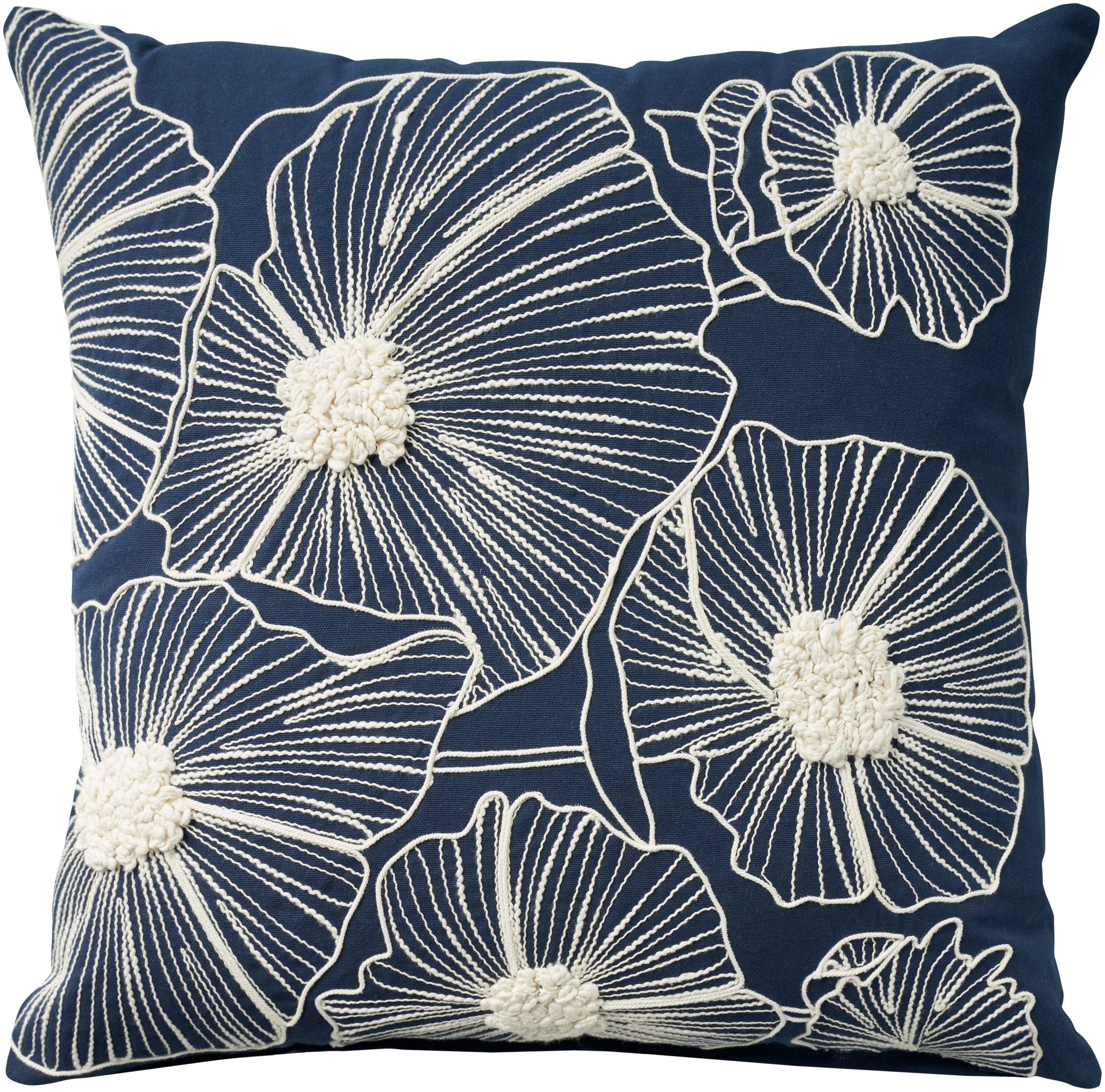 Mina Victory Cover Embroidered Flowers 20" x 20" Navy Indoor Pillow Covers Mina Victory