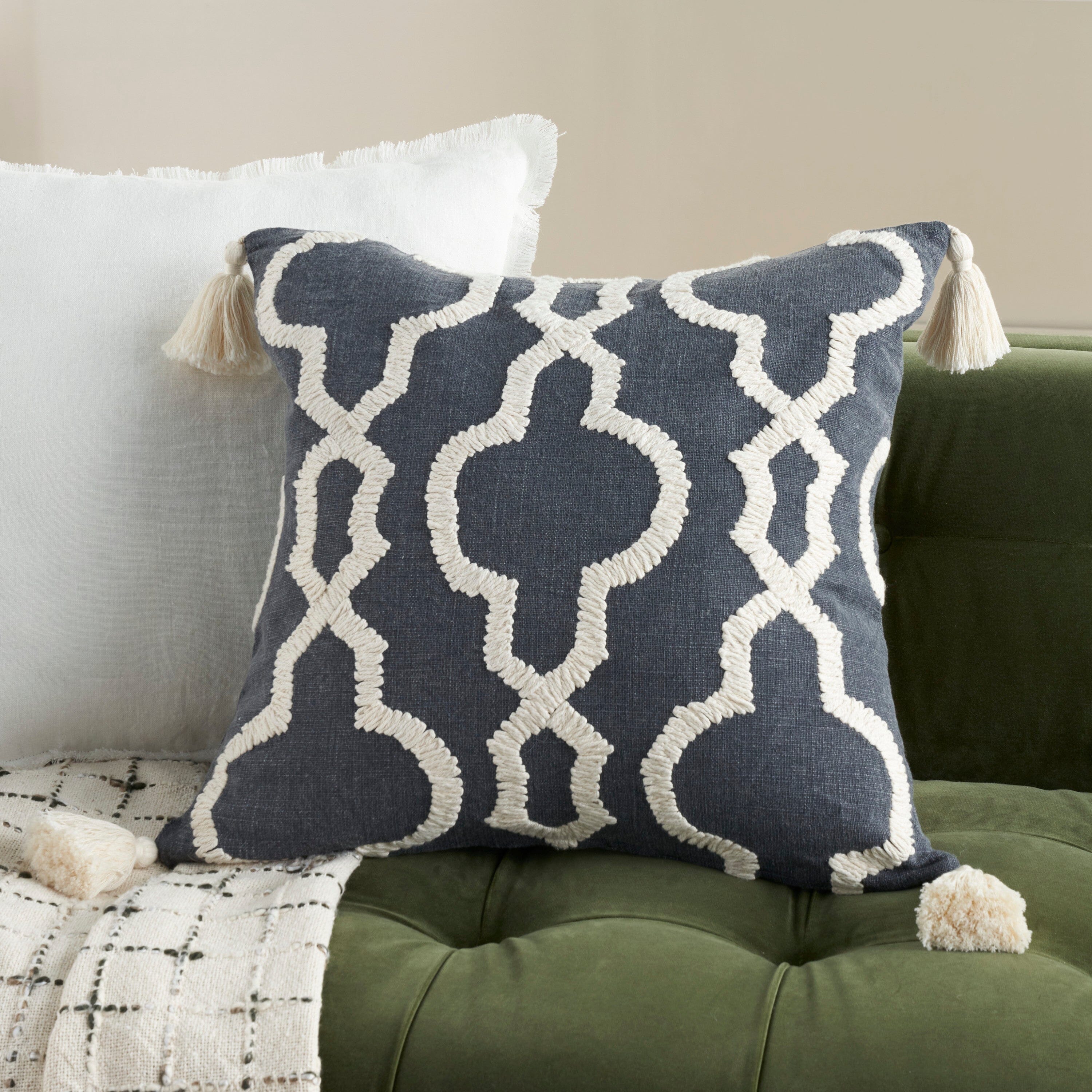 Mina Victory Cover Embroidered Lattice 20" x 20" Charcoal Indoor Pillow Covers Mina Victory