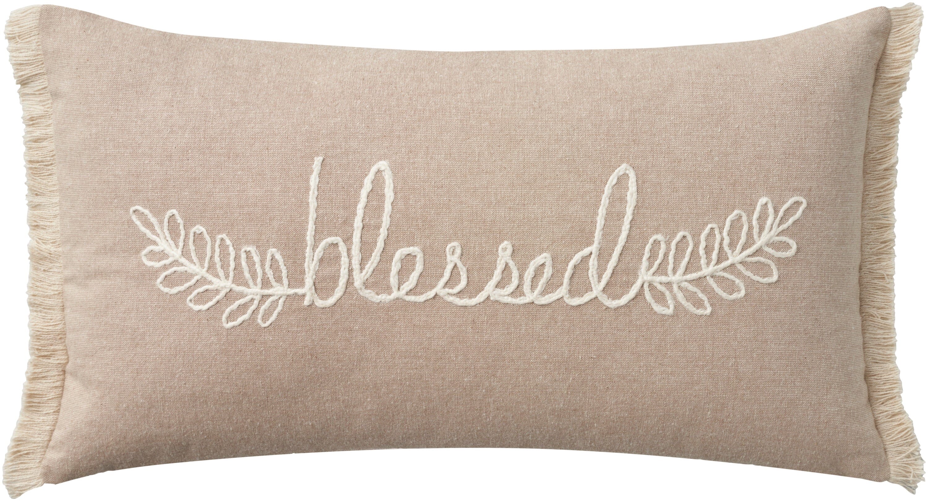 Mina Victory Cover Embroidrd Blessed 12" x 21" Natural Indoor Pillow Covers Mina Victory