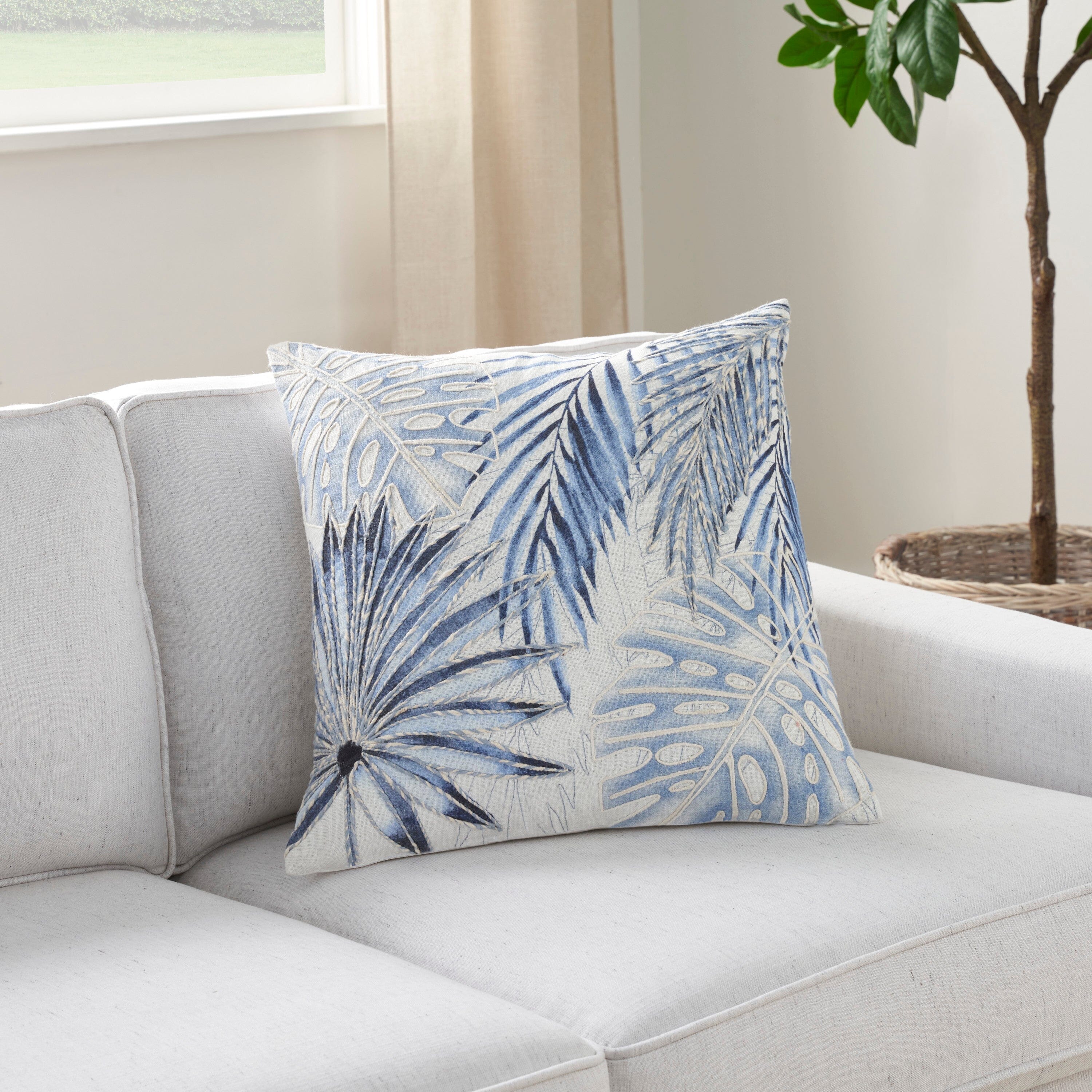 Mina Victory Cover Print/Embd Palms 18" x 18" Blue Indoor Pillow Covers Mina Victory