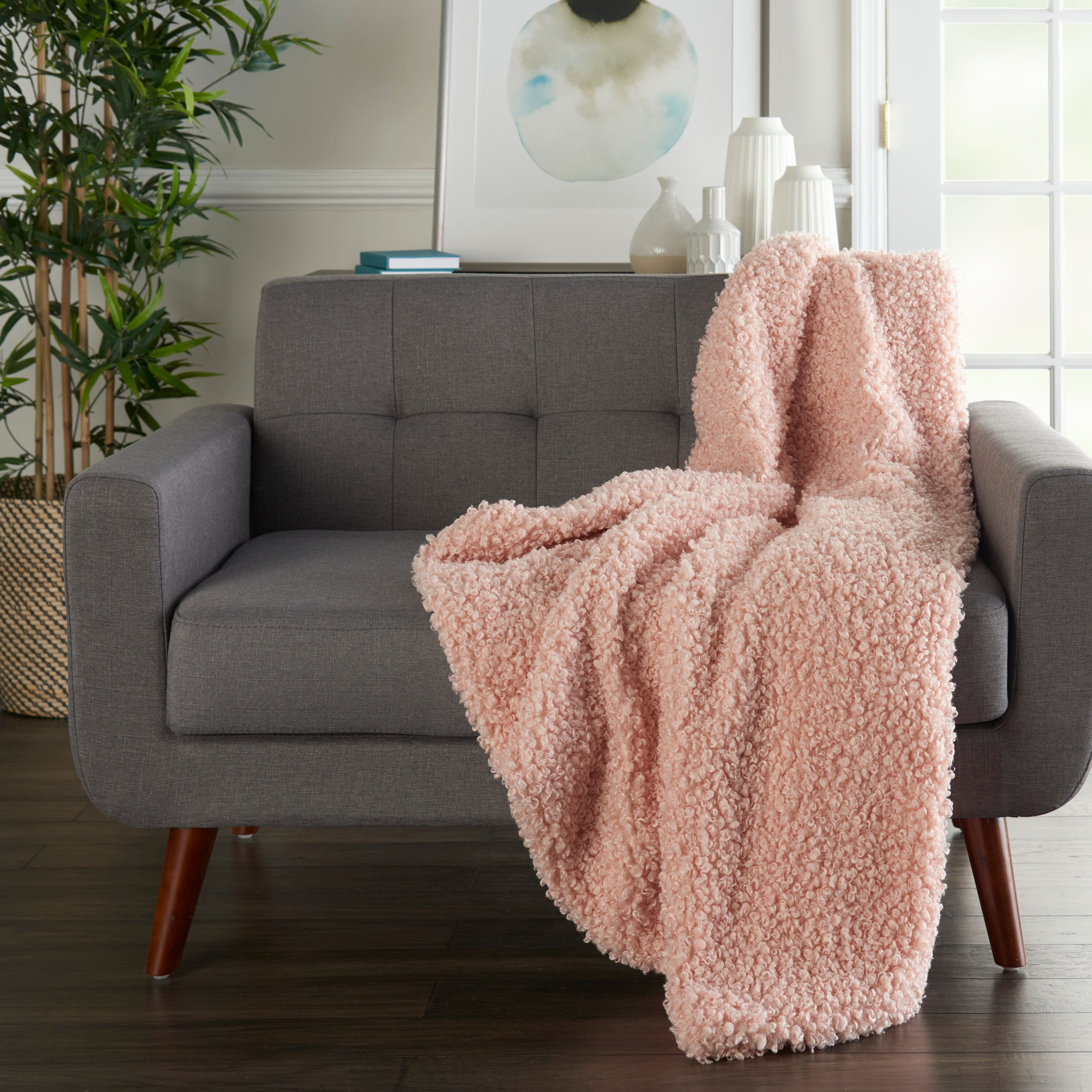 Mina Victory Faux Fur Curly 50" x 60" Rose Indoor Throw Blanket Throw Blanket Mina Victory