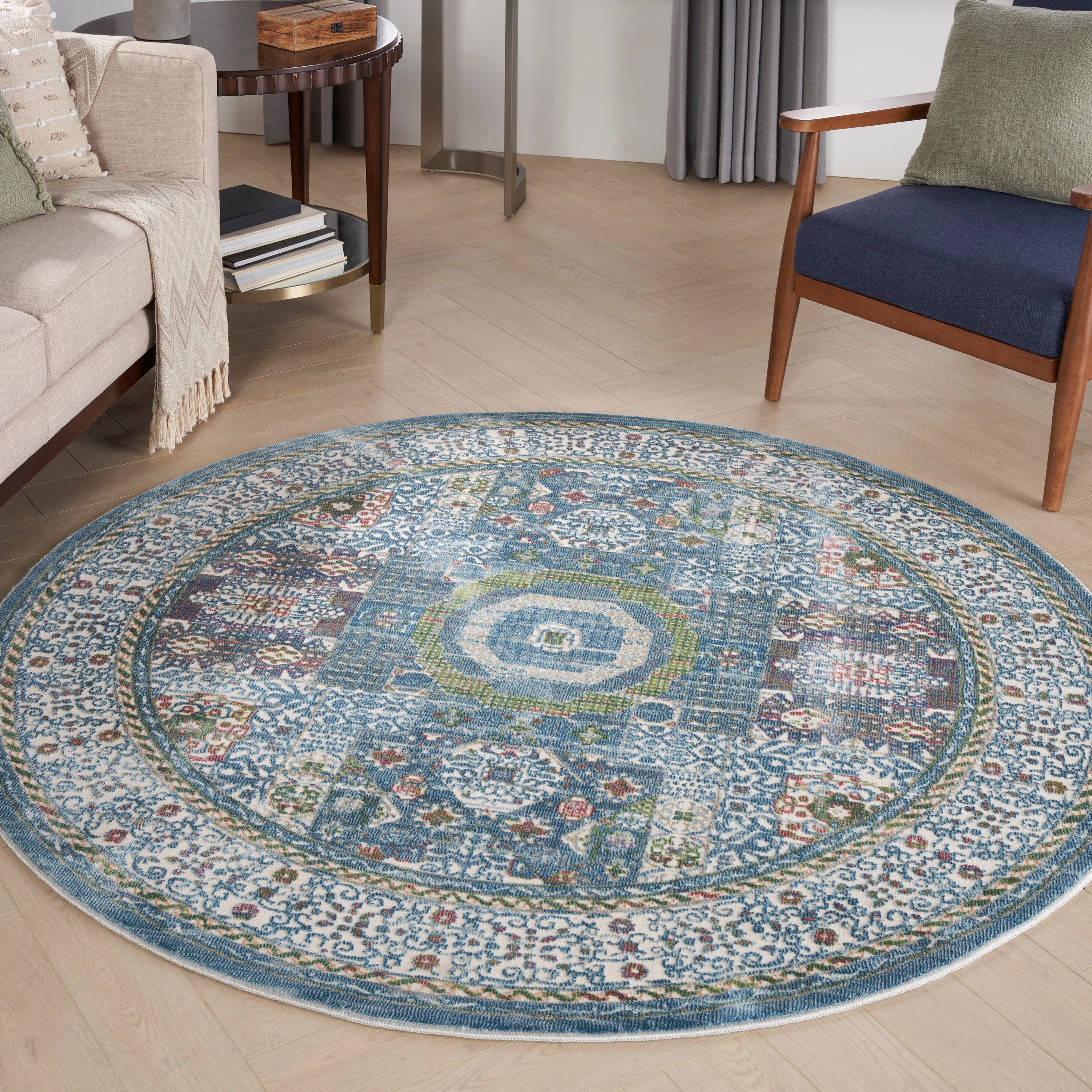 Nourison Ankara Global 6' x Round Ivory Light Blue Bohemian Indoor Rug Rug Nourison