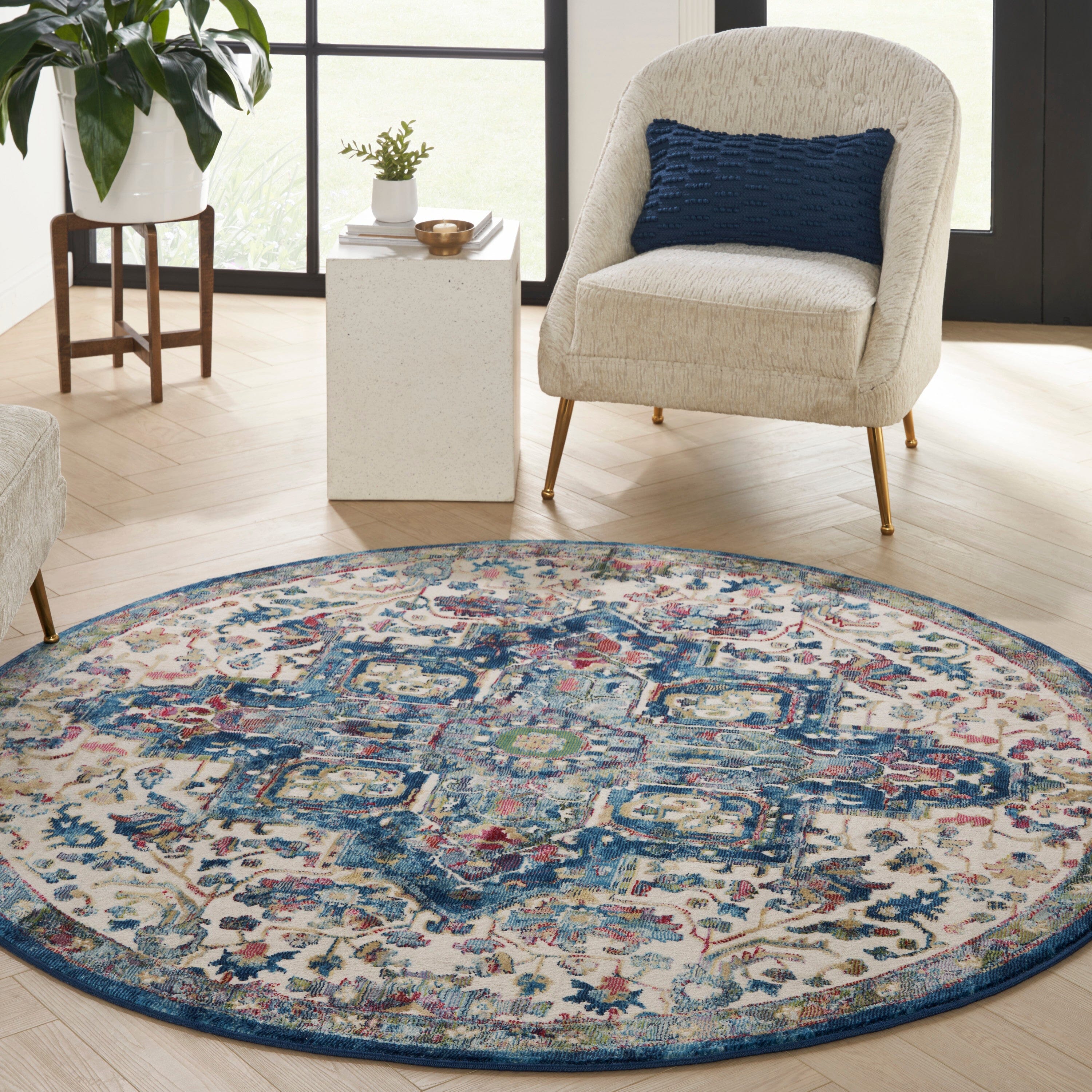 Nourison Ankara Global 6' x Round Ivory Navy Bohemian Indoor Rug Rug Nourison