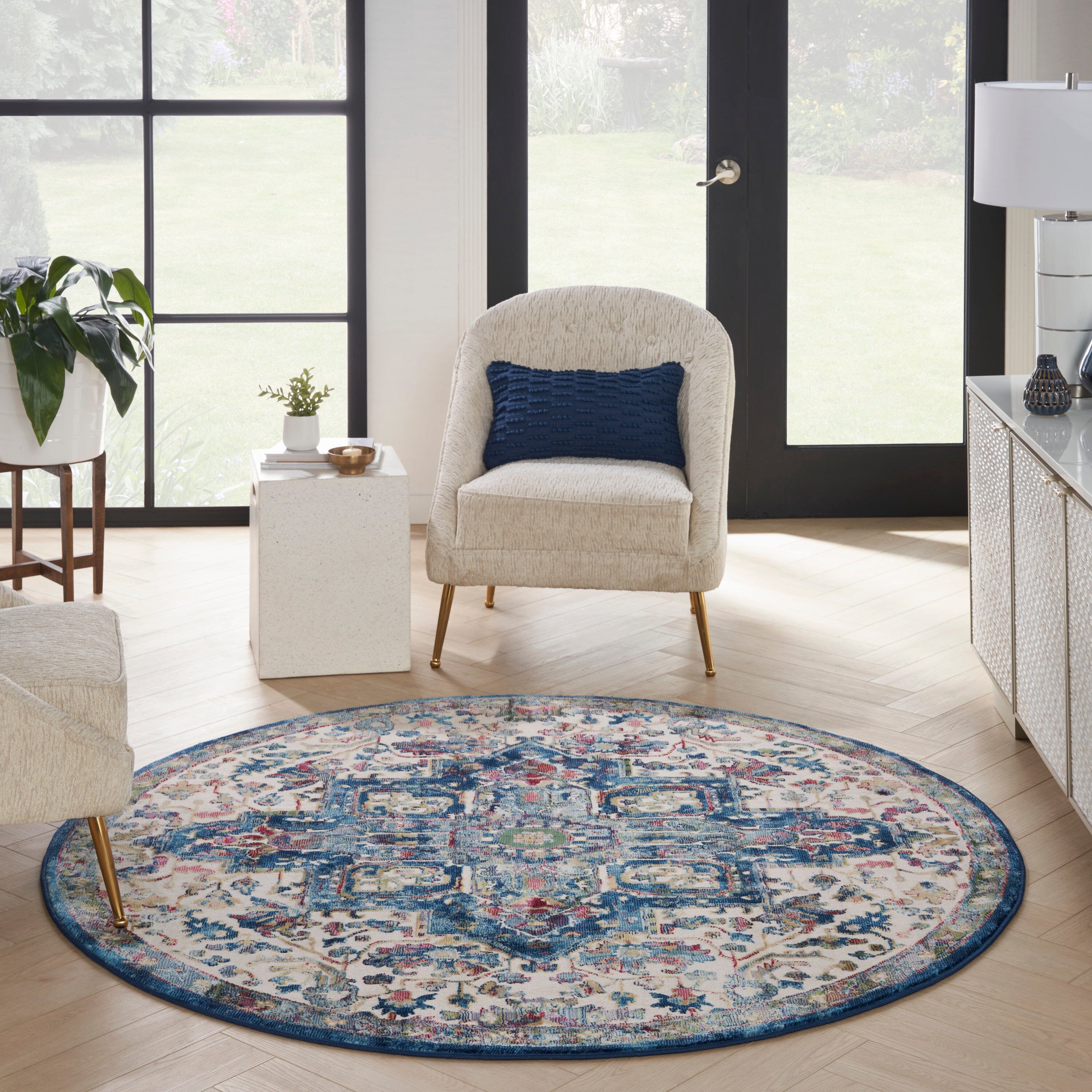 Nourison Ankara Global 6' x Round Ivory Navy Bohemian Indoor Rug Rug Nourison