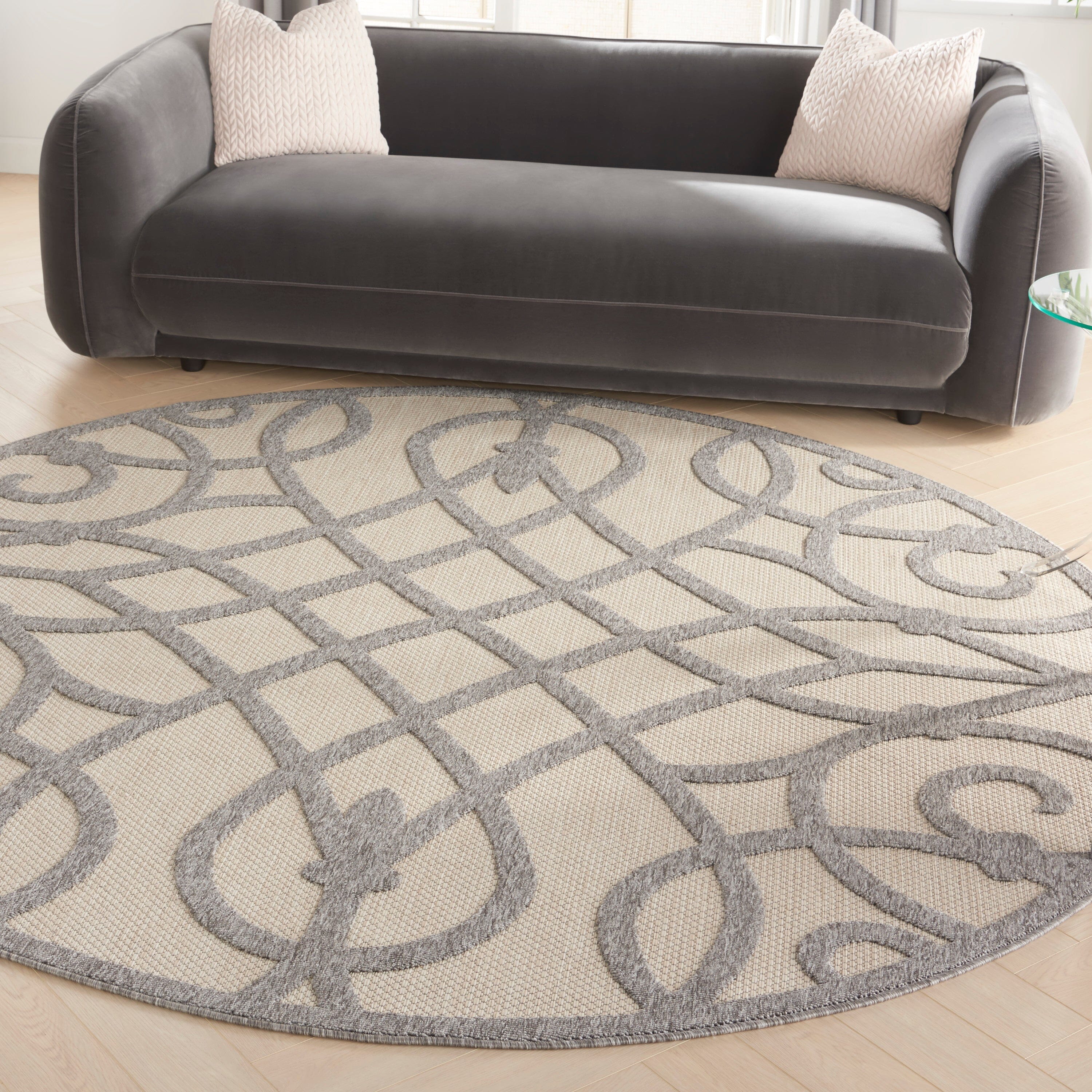 Nourison Cozumel 7’10” x Round Cream Grey Farmhouse Indoor/Outdoor Rug Rug Nourison