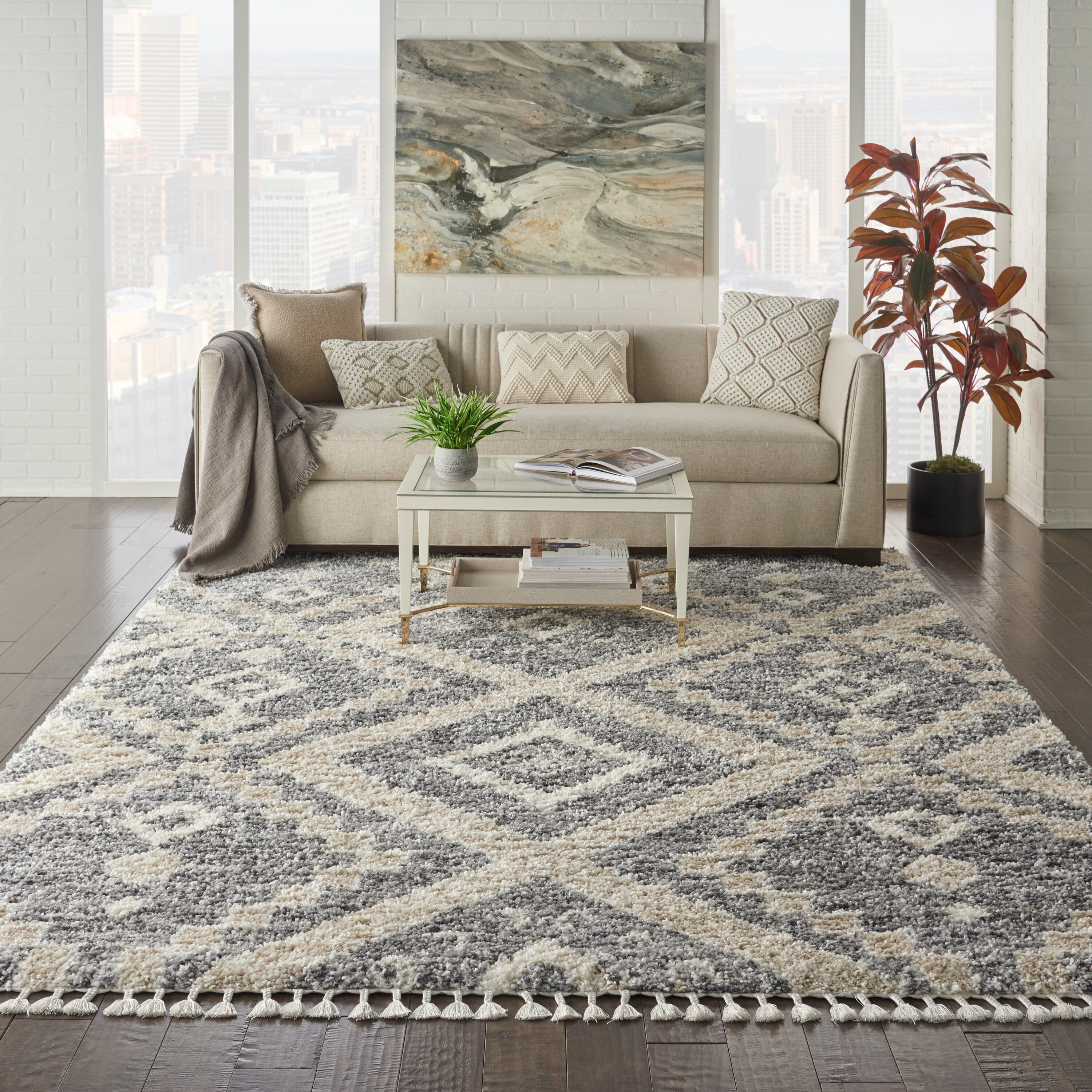 Nourison Oslo Shag 7'10" x 10'6" Grey/Ivory Shag Indoor Rug Rug Nourison