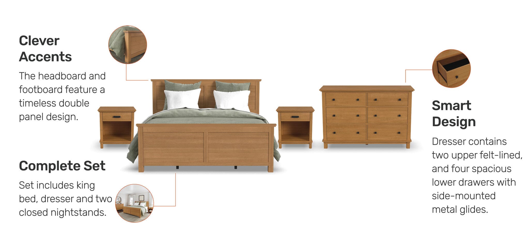 Traditional King Bed, Two Nightstands and Dresser By Oak Park King Bed Set Oak Park