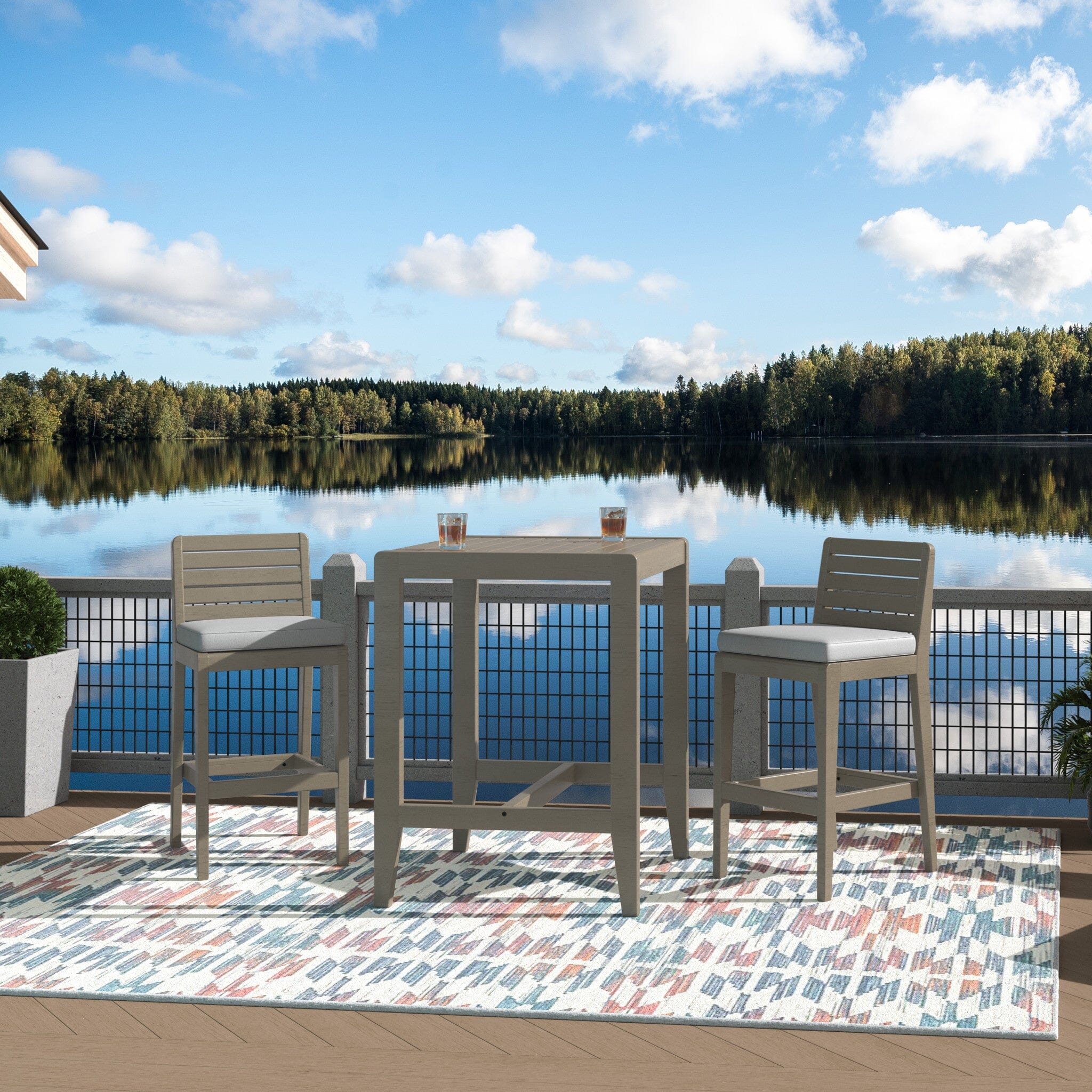 Transitional Outdoor High Bistro Table and Two Stools By Sustain